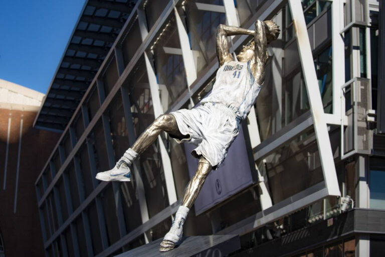 The famous player, Dirk Nowitzki, of Dallas, has his statue in Dallas