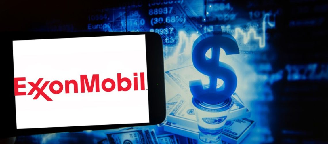 In this photo illustration the logo of ExxonMobil is seen in this stock market photo illustration. It is one of the most important petroleum companies in the world. (Photo Illustration by Alexander Pohl/NurPhoto)