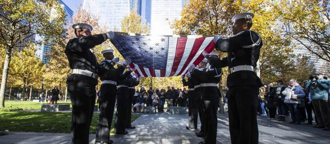 United States Navy holds a flag folding ceremony on the memorial plaza in New York, NY on Friday, Nov. 10, 2017. Photo by Jin Lee, 9/11 Memorial